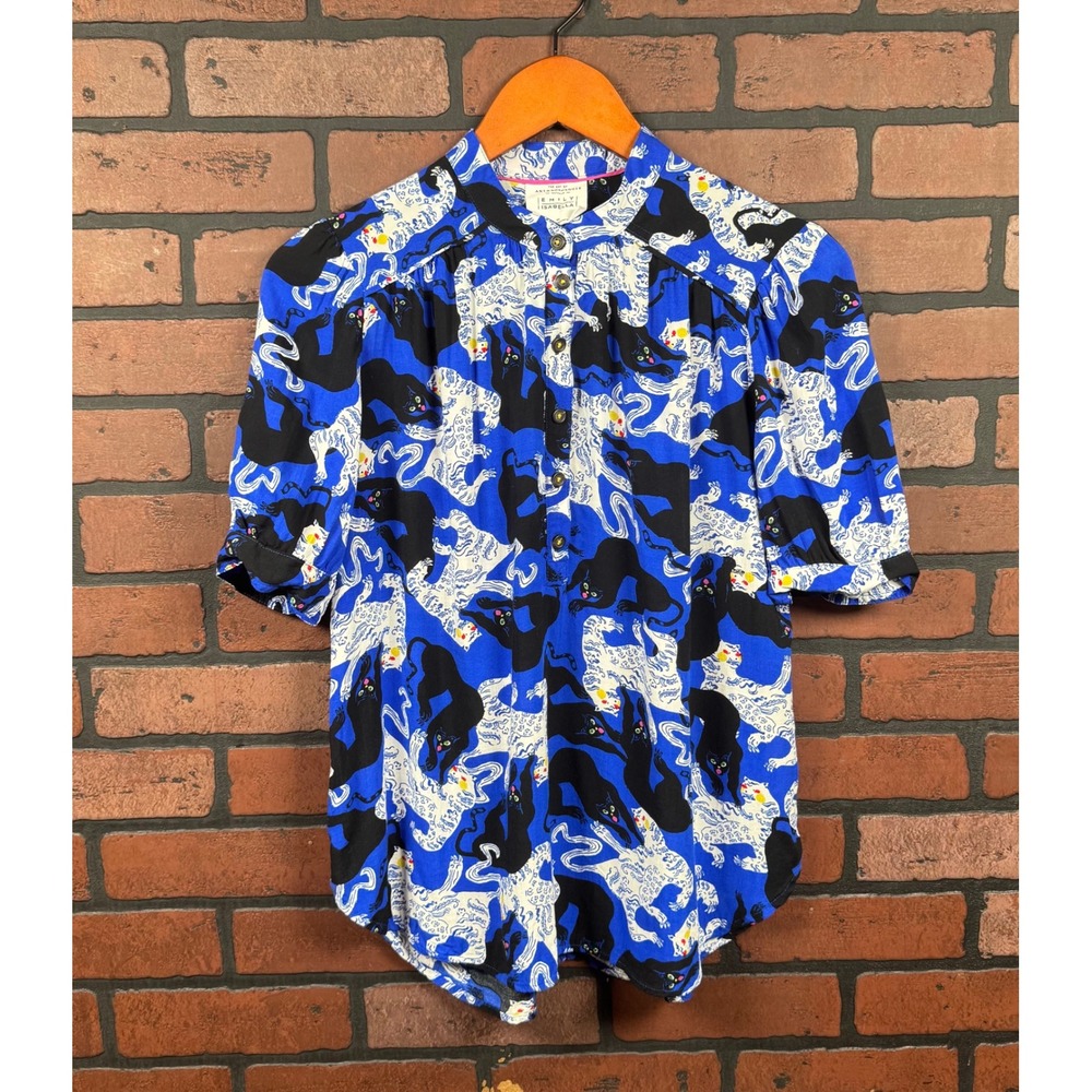 Anthropologie x Emily Isabella Robina Blouse Top Blue Cats Art Whimsy Women's XS